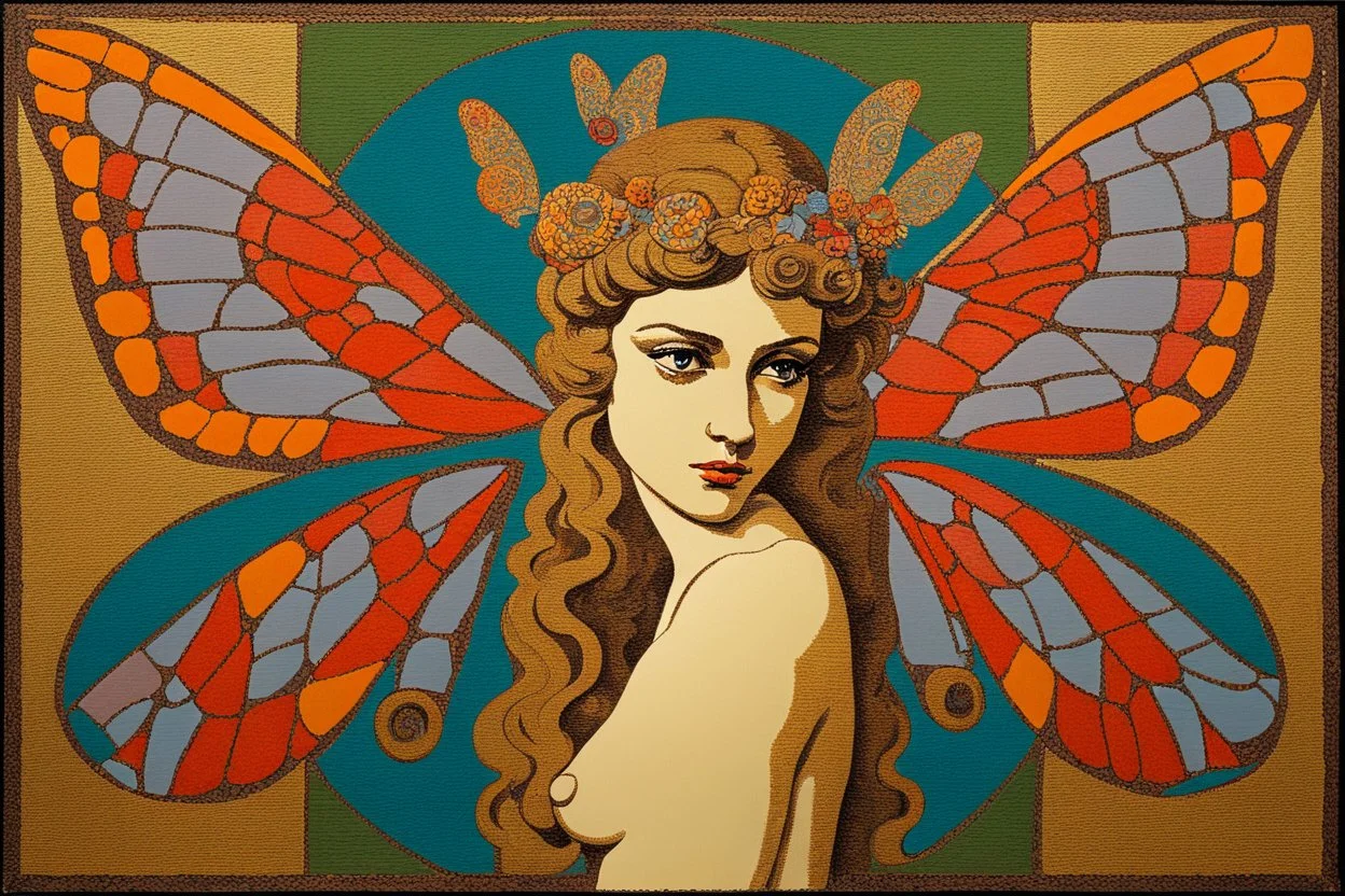 colorful psychedelic painting of ancient god psyche depicted in ancient mosaic art as a butterfly-winged woman by andy warhol