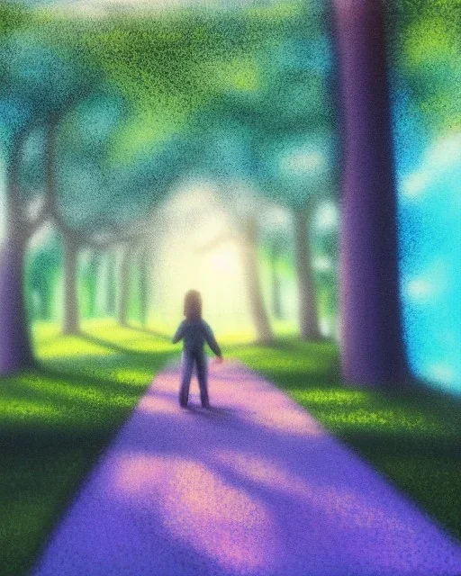 park mystical dream, park bench, man, woman, child, dog, trees, path, bird, sunshine, mystical, fantasy, romanticism, pastel colors, daylight, daytime, acrylic painting, detailed, soft focus,