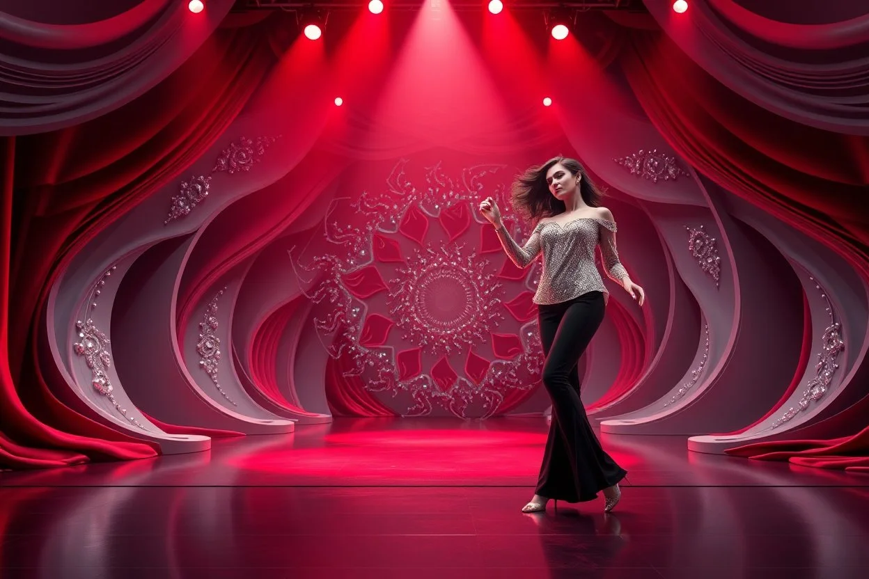 modern stage with gray-dark red theme artistic decoration , color full dynamic lighting, a beautiful lady in pants and blouse with shining silver jewels dancing, 3D recursive fractal structure animating background