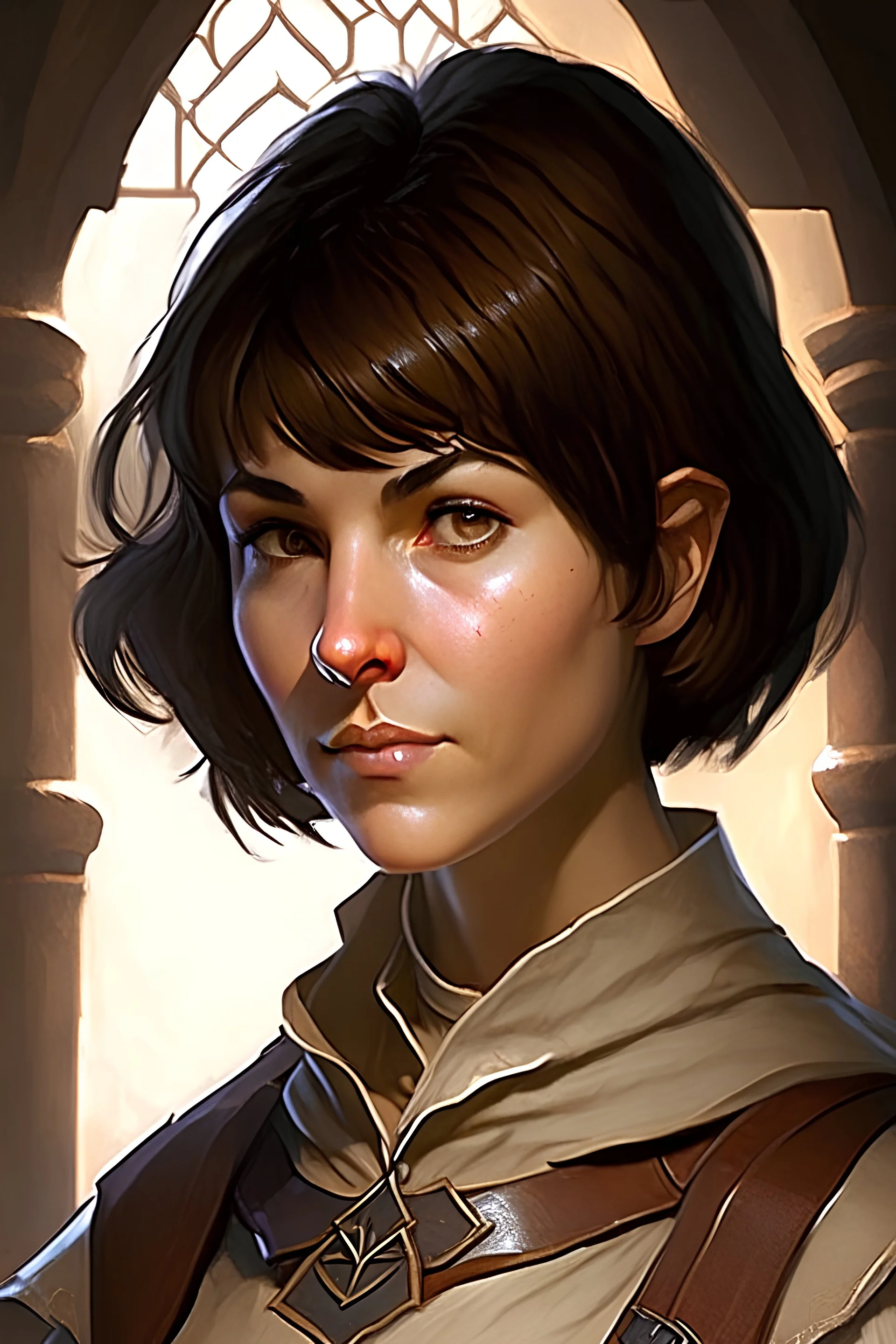 woman, cleric, dungeons and dragons, short brown hair, brown eyes,