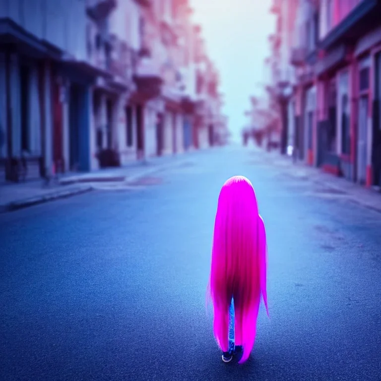 Beautiful lonely girl who walks along a street without people at dawn. You see her from behind. She is very short blue dressed. She has long pink hair with glowing crystals. Full body, 8k resolution concept art. Professional Photo HD. Stylish. Warm vivid colors. Panoramic