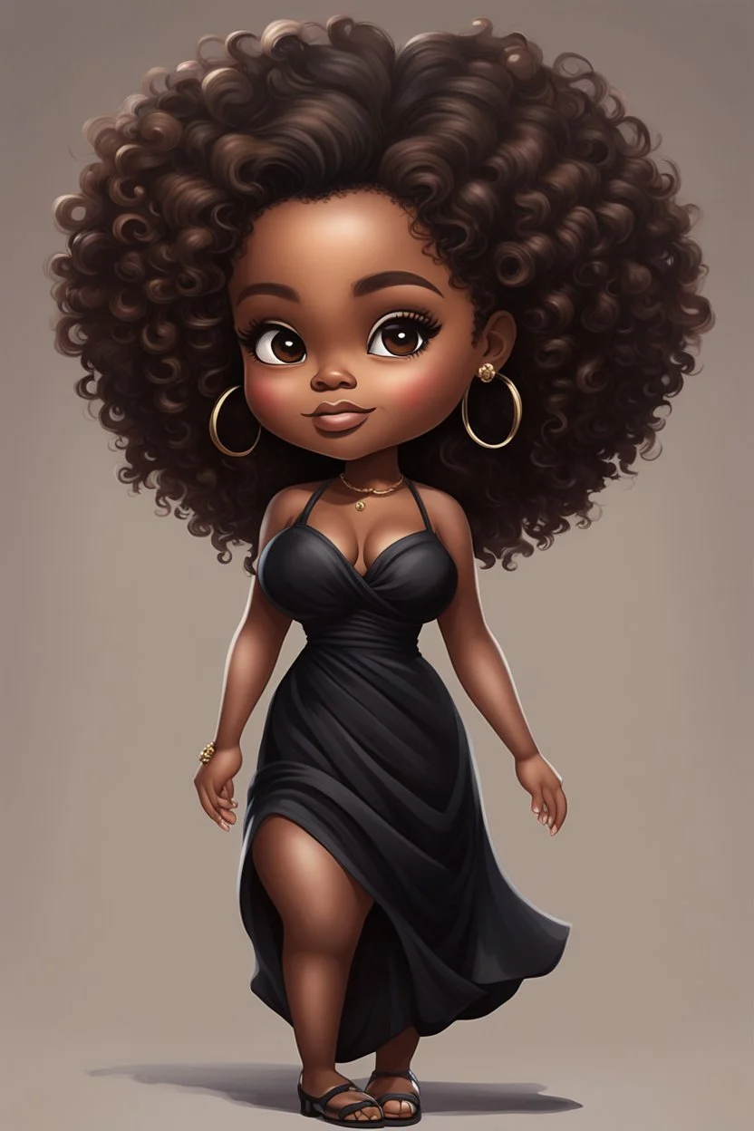 create a digital oil painting image of a chibi curvy black female wearing a black maxi dress and black sandals. Prominent make up with brown eyes. Highly detailed wild tight curly afro.