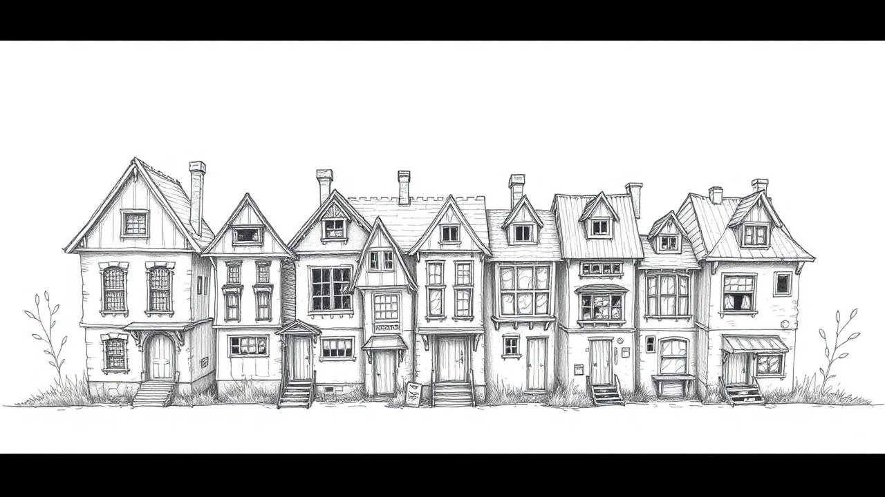 A technical front view pencil drawing of a row of dilapidated fantasy houses of different heights.