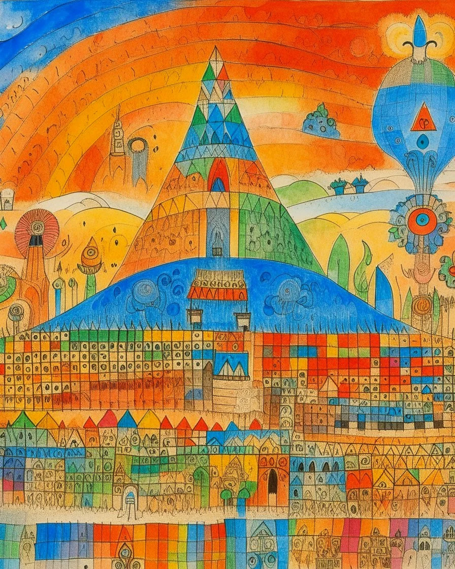 A rainbow kingdom with elements, tactics, and biology designed in ancient Greek pottery painted by Paul Klee