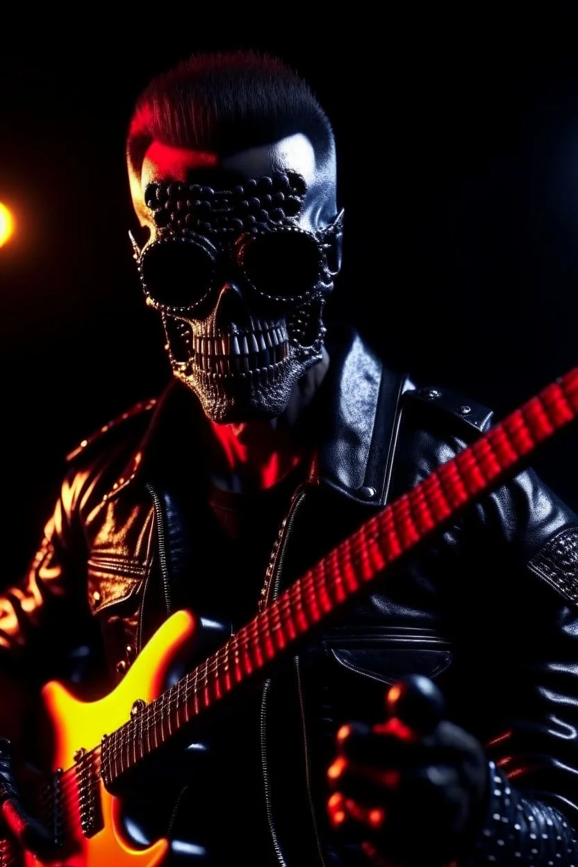 4K realistic portrait of a terminator playing guitar in the guitars of the AC guitarist