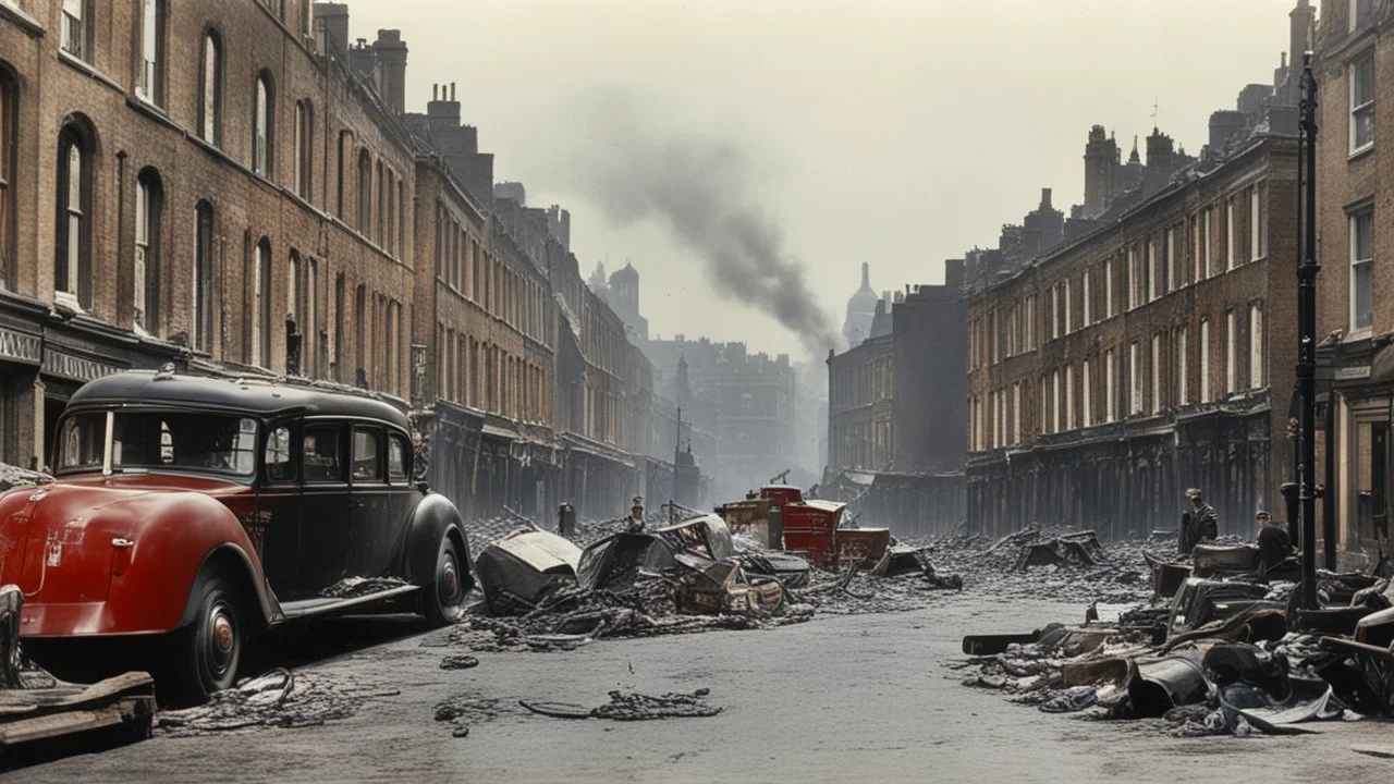 1940s London street with bomb damage, injured people, vehicles, ambulances, fire engines, wartime, full colour