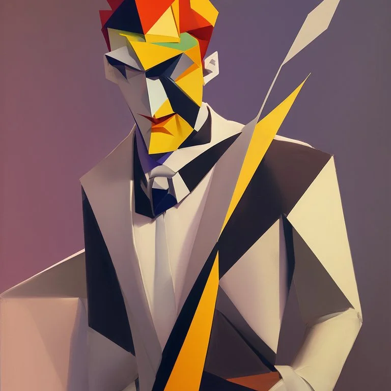 a painting of a man in a suit and tie, a cubist painting by Stanton Macdonald-Wright, Artstation, cubo-futurism, cubism, angular, constructivism