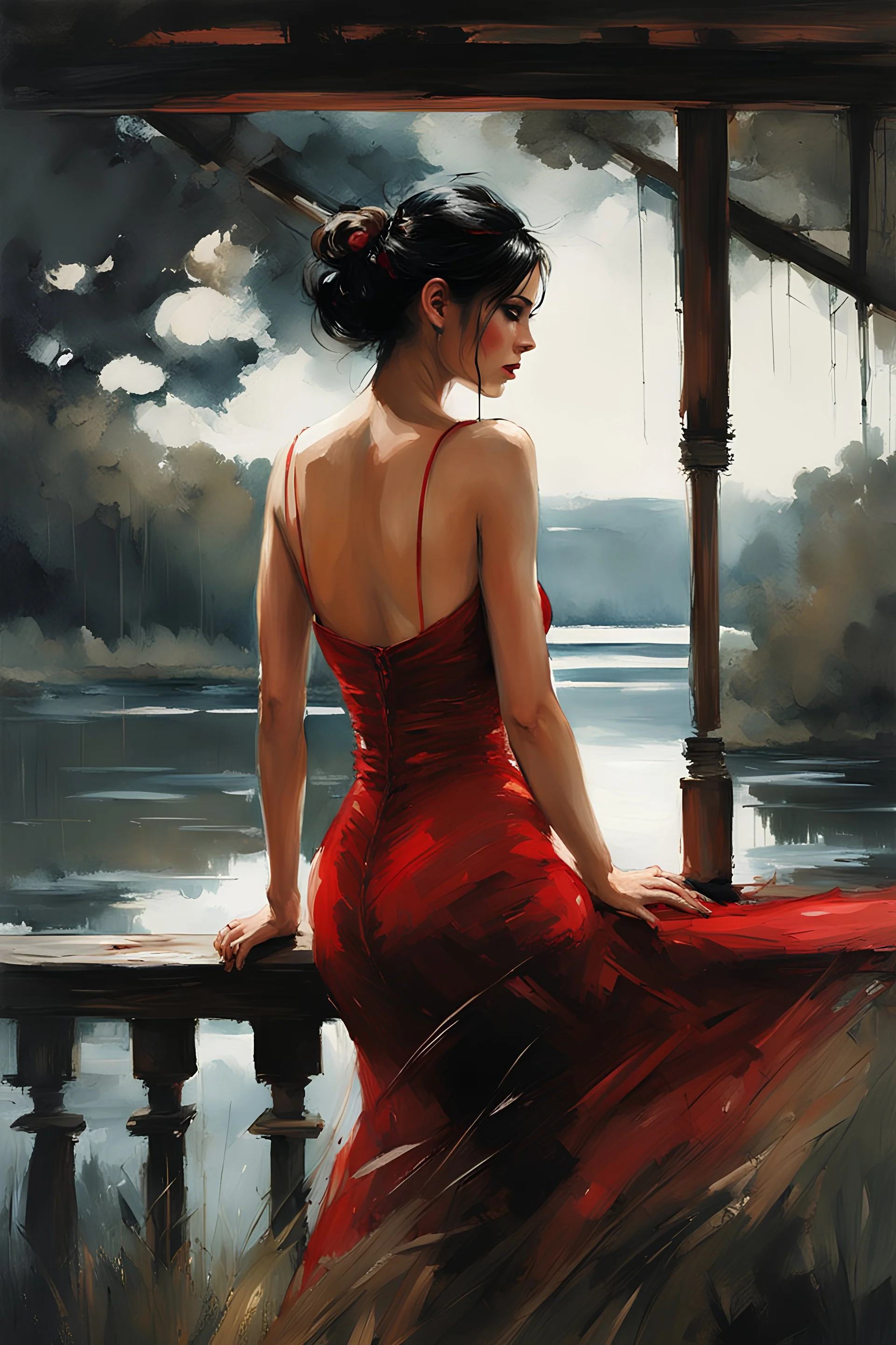 dark haired thin curvy woman 30yo with dark eye shaddow and long lashes, wearing a short low cut red dress on a cabin porch next to a lake :: dark mysterious esoteric atmosphere :: digital matt painting with rough paint strokes by Jeremy Mann + Carne Griffiths + Leonid Afremov, black canvas