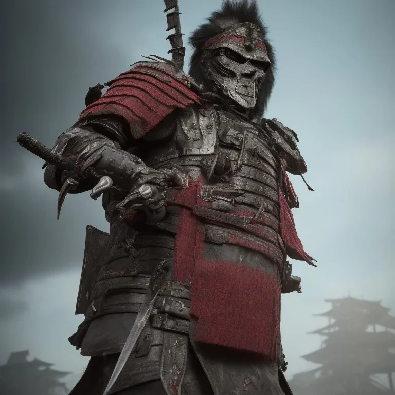 samurai in the blood walking into the flame of war, cinematic, 8k, HDR, highly detailed, mask cover whole face and hood, lion, ProPhoto RGB, Half rear Lighting, nsane details, intricate details,