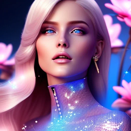 Full body Princess, sexy woman blondie, make up, beautiful smiling face,blue eyes, beautiful place,amazing, flowers, colors, blue and pink butterfly, realistic, photo real, stars night, detailed, high contrast, 8k high definition, unreal engine 5, extremely sharp detail, light effect, light background