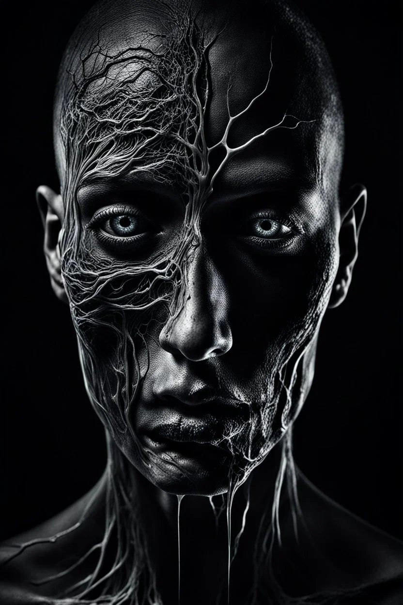 surreal abstract fade human portrait, lack black eyes, under skin fade light led and black veins, Darkness is sometimes, it is the moment of realization. The shadows rising from the depths are not merely terrifying; they are the offspring of our minds, surreal abstract things andt shapes, . darkness looking me, and eating face, body, close up the crepy stunning portrait, shadows, evil darkness, surreal, thiller vibe, background vortex, abyss,crepy vibe, intricate details, cinematic
