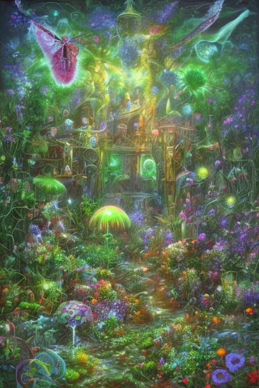 psychadelic garden, during a gentle rain, with large venus-flytrap in the center