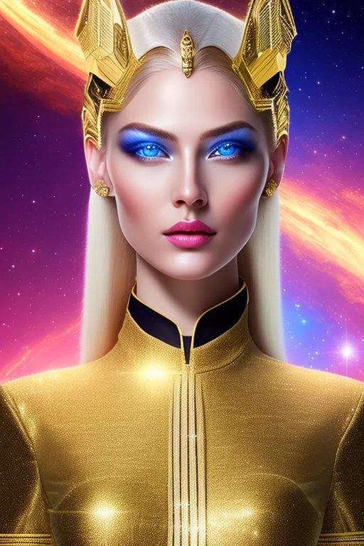 Beautiful tall woman Pleiadian galactic commander, ship, perfect detailed face, detailed golden galactic suit, high rank, long blond hair, hand with five perfect detailed fingers, amazing big blue eyes, smiling mouth, high definition lips, cosmic happiness, bright colours, blue, pink, gold, jewels, realistic, real photo, bright and sunny background, very detailed, high contrast, high definition 8k, pixel 512X512, unreal engine 5, extremely sharp details, light effect, br