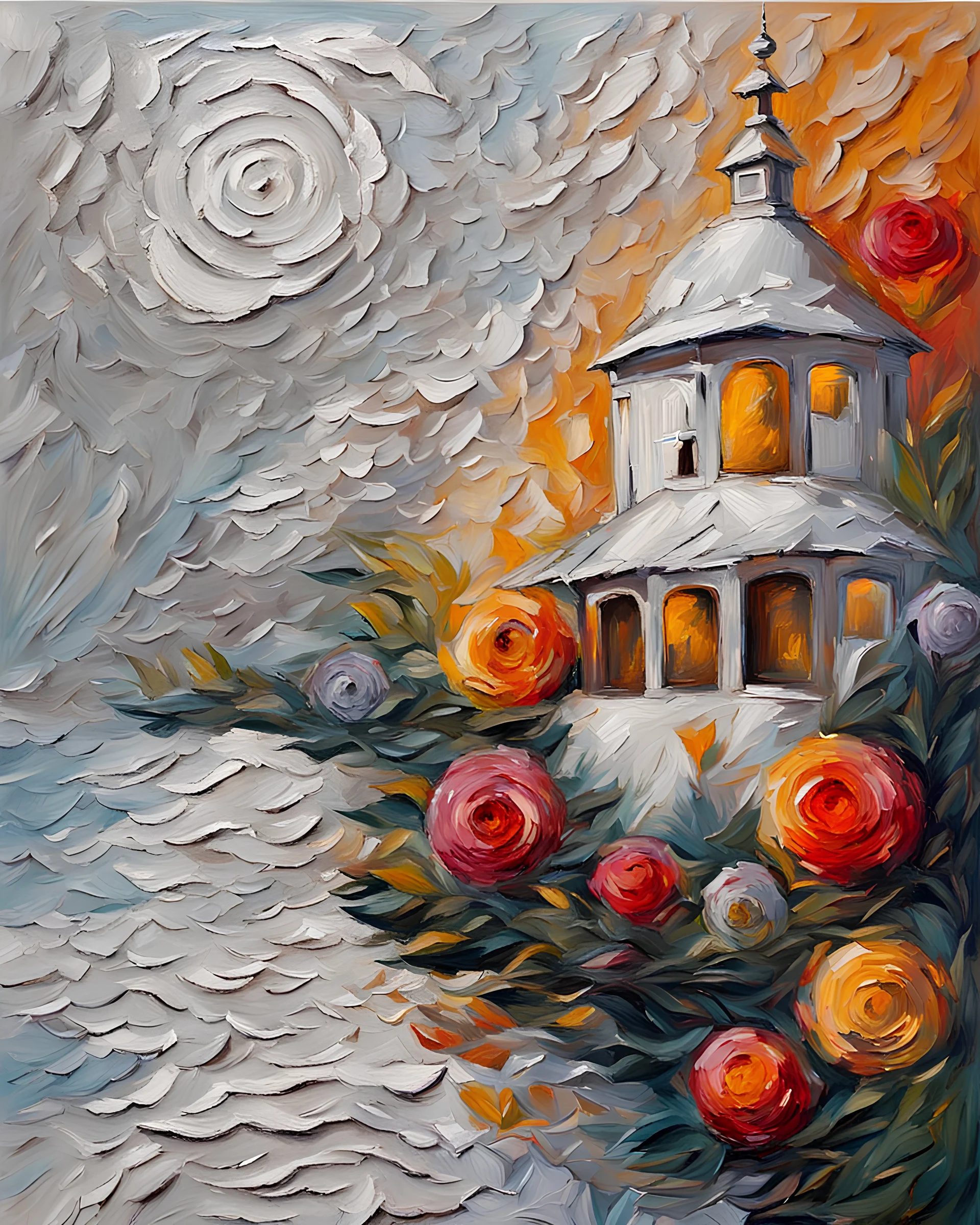 romantic-impressionism expressionist style oil painting,-impressionist impasto acrylic painting, thick layers of silver textured paint,ultra reality,bright colors,8k,thick white paint,silver and white,