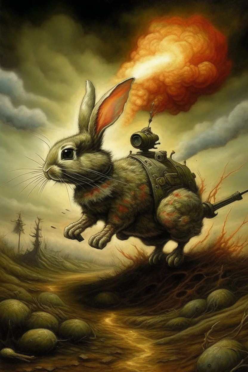 military bunny dragon breath fire like a rocket going in for landing, prize winning oil painting