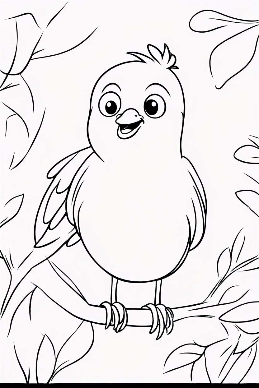 blank colouring book, white blank background, simple picture for toddlers, sweet and smilling bird pet, disney and pixar style