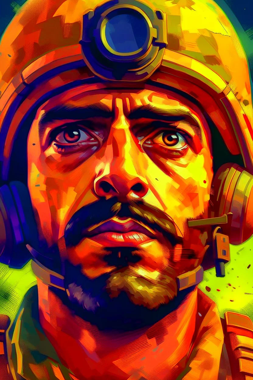 A movie poster of a is an Arab soldier ground down level camera view looking up camera for the whole body in a oil painting style