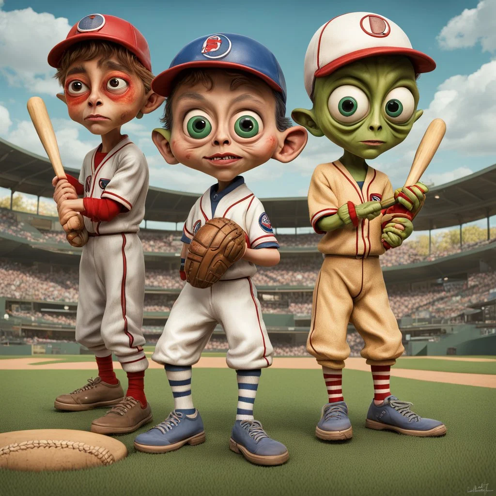 whimsical detailed photorealistic extra-terrestrial caricature by Tim Burton, colorful whimsical quirky strange Alien children wearing alien baseball uniforms playing a game of baseball on an alien sandlot; baseball & baseball-bat, intergalactic baseball sandlot diamond alien wonderland, based on movie "The Sandlot", stopmotion cinema photograph by Tim Burton and Charles Adams, cinematic lighting : perfect anatomy : perfect gear : extraordinarily_detailed