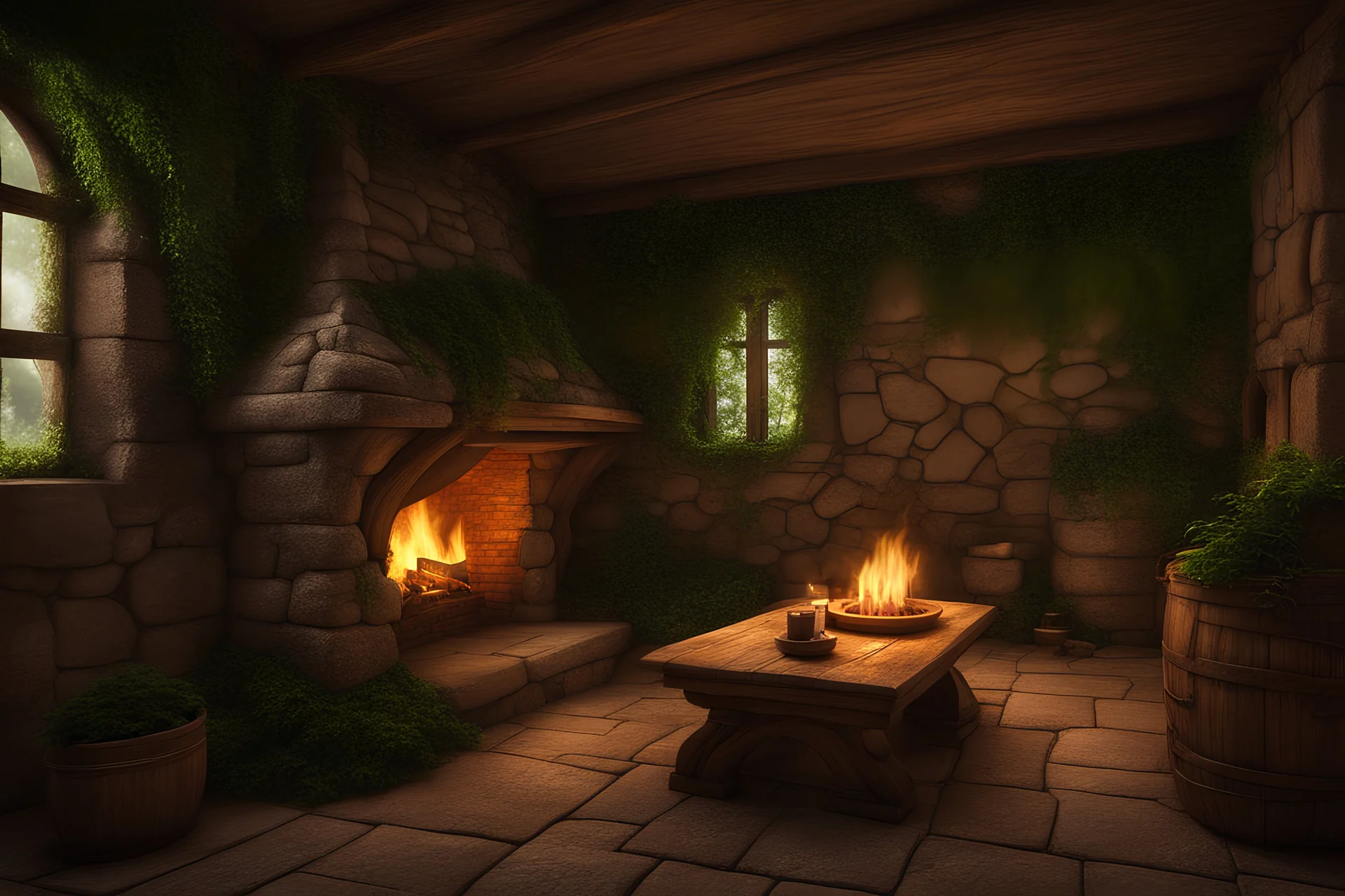 fantasy medieval room with fireplace and greenery