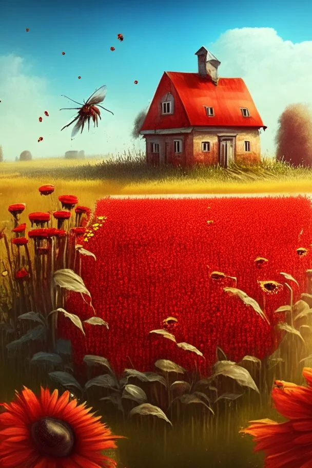 field, farm, scarecrow, plants, red flowers, grass, sky, bees, honey, bee houses, trees, fountain, flowers, brown board