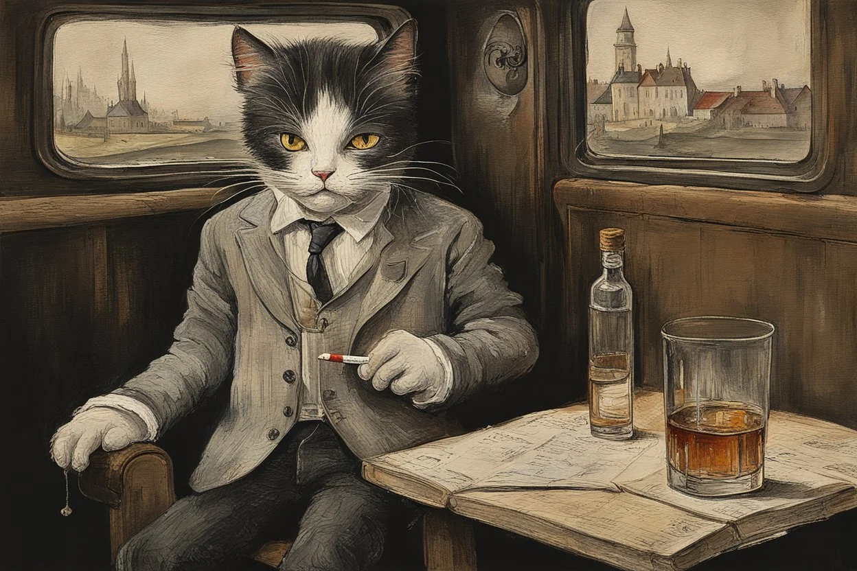 macskássy izolda, childrens book illustration, a frightened looking black and white cat with a cigarette in his mouth, a glass of whiskey in his hand, looking just at us in a smoky pub van eyck, painted on rough canvas with exaggerated lines, sharp brushstrokes, dripping, plastic paint watercolor and ink, oil on canvas S<AI jean baptiste monge