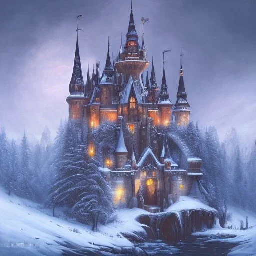 Portrait of a wide dark castle on a snowy mountain, oil painting, symmetrical, architecture, medieval, fantasy, superrealistic, dark colors, HD, 4K