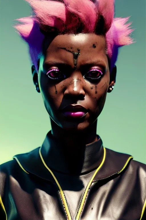 Medium Close Up Portrait, Front image. cyberpunk, rabbit eyes-mask, Afro woman, pink hair. Leather tracksuit. Red, black, gold, color. Punk style. Color background, photo studio. Avatar image, highly detailed, concept art, smooth, unreal engine 5, god rays, ray tracing, RTX, lumen lighting, ultra detail, volumetric lighting, 3d, finely drawn, high definition, high resolution.