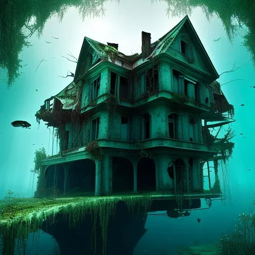 Abandoned house, overgrown, partially submerged,house interior, water inside