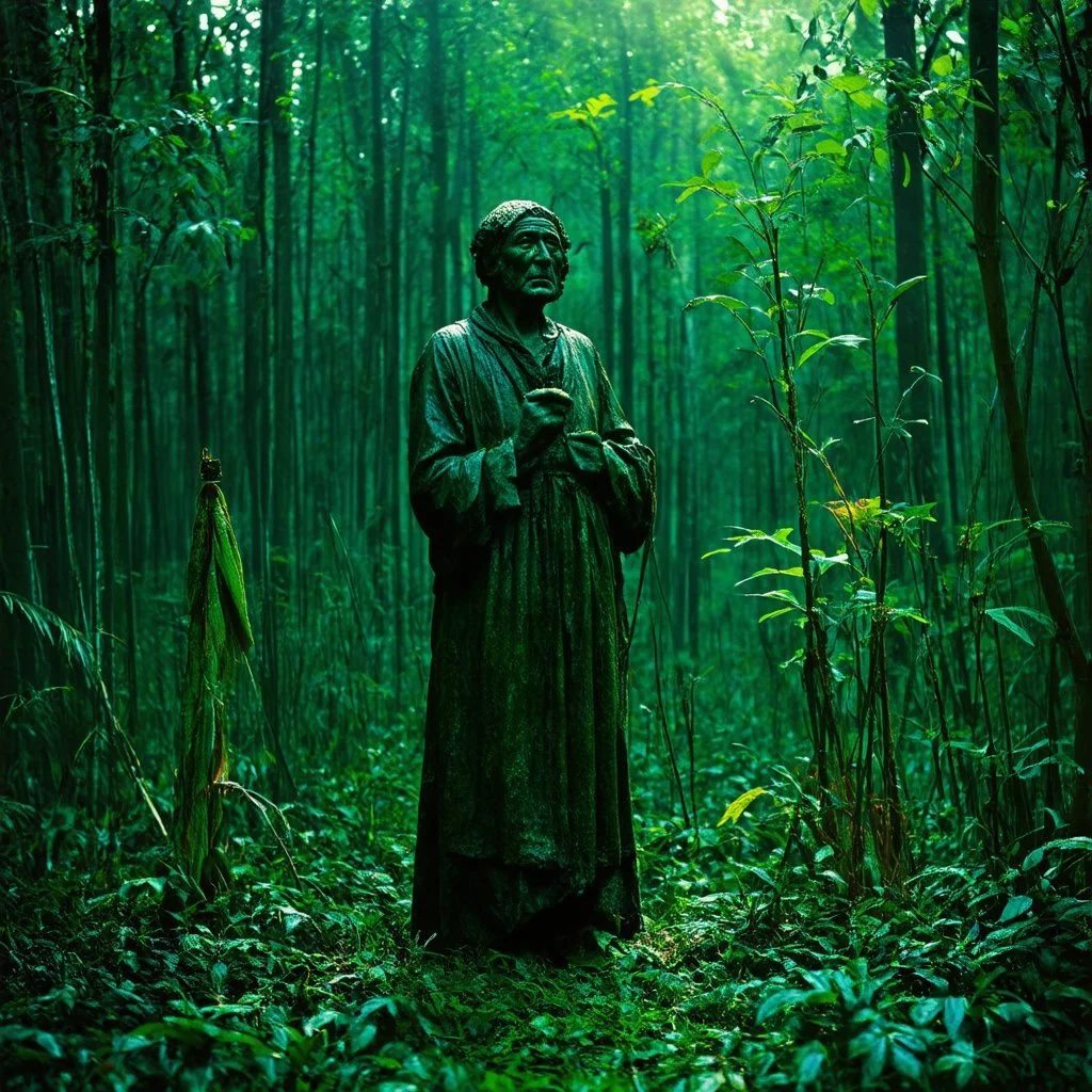 some mysterious figures, odd background, cinematic, Hieronymus Bosch, Max Ernst, vegetal life, rotten, ambient light, cry, ritual