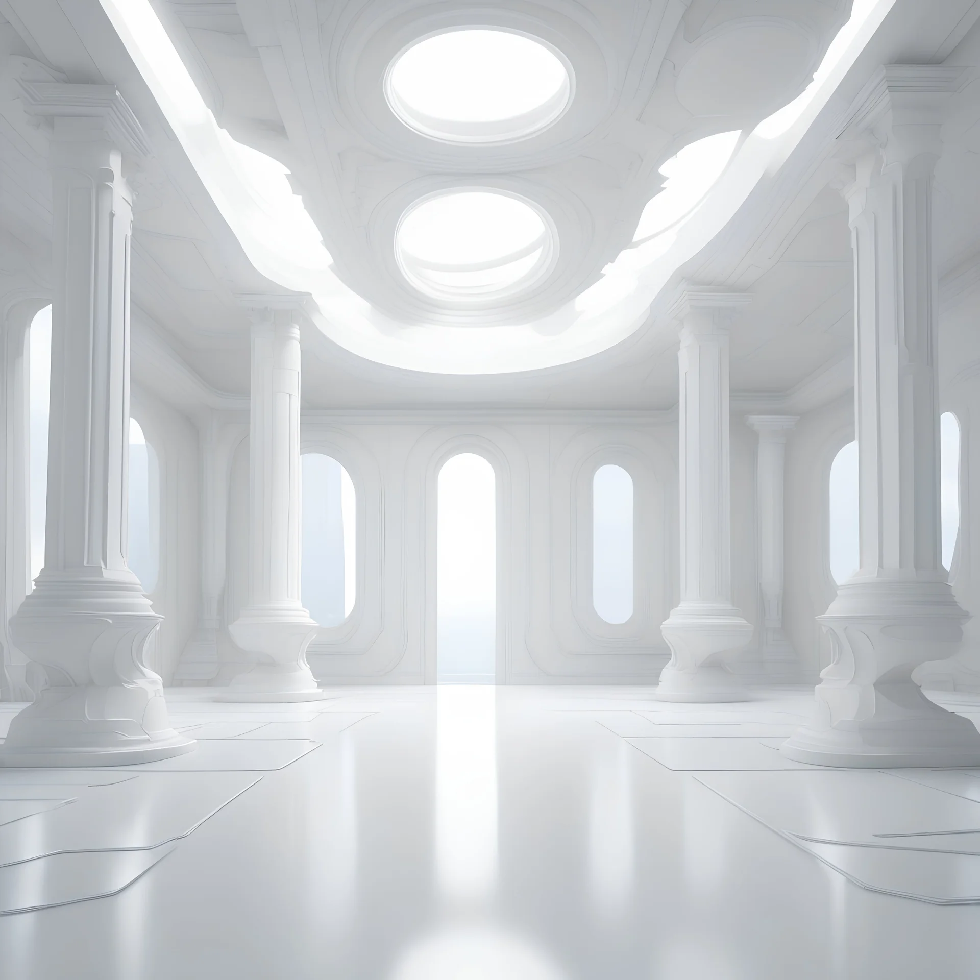 futuristic white room with loads of large beams and columns with embellishments and details surrounding the empty room. the flooring is flat but has organic shaped details. the lighting is bright white and the atmosphere is sci-fi