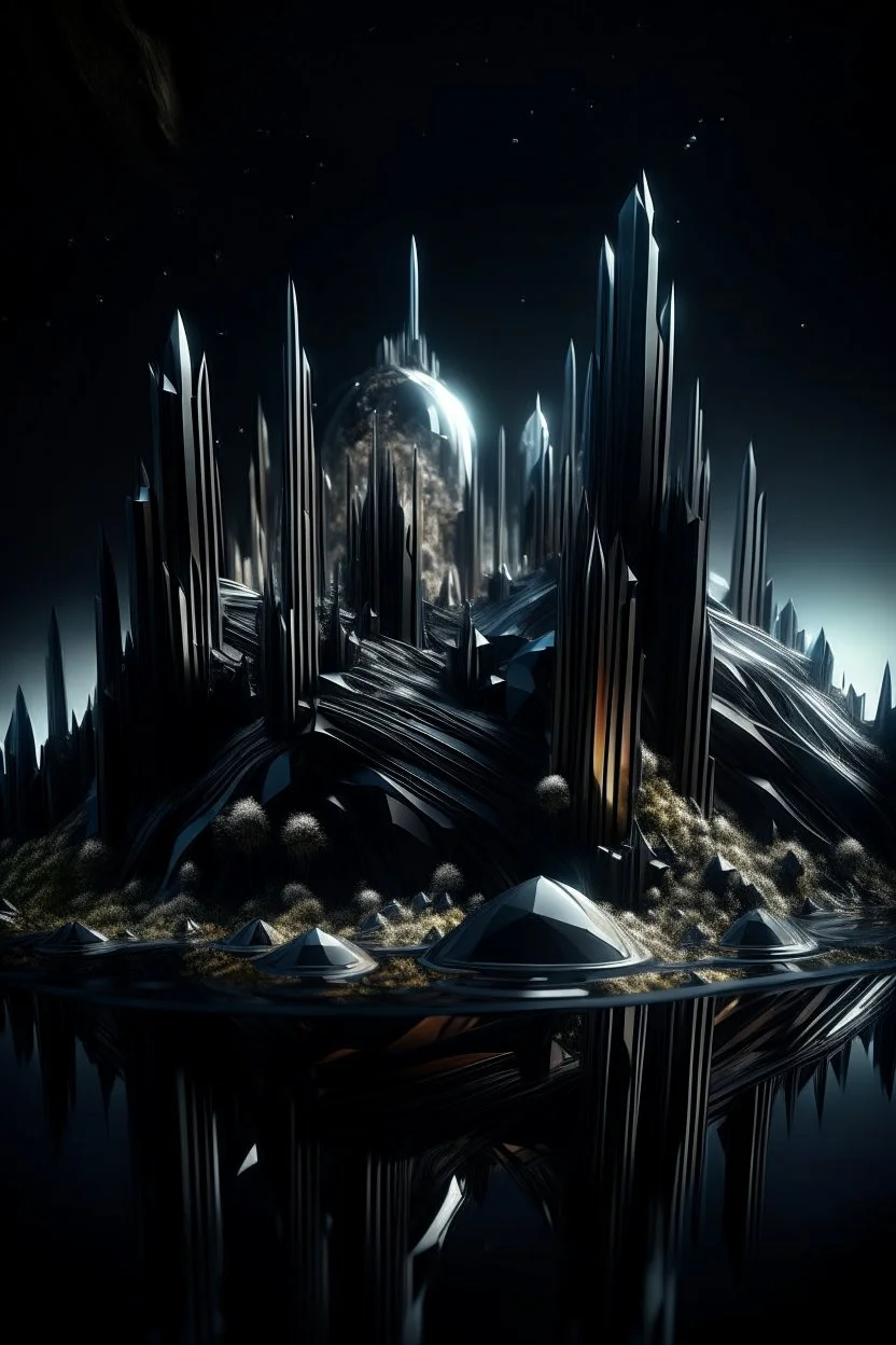 This planet features vast black glass castles inside big crystalline tubes reaching toward the sky, giving the landscape a surreal, geometric appearance. The anomaly results from the Remnants' or an unknown cosmic force's influence in sculpting these crystalline formations., photo-realistic, shot on Hasselblad h6d-400c, zeiss prime lens, bokeh like f/0.8, tilt-shift lens 8k, high detail, smooth render, down-light, unreal eng