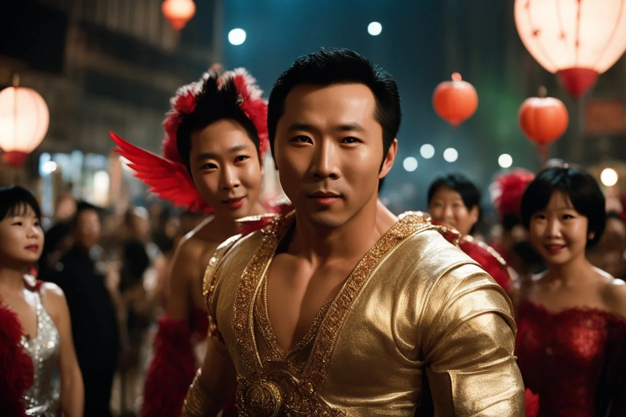 [very impressive high res masterpiece in Kodak Eastman 5247, scene by László Krasznahorkai] Donnie Yen as cupid in a halloween party in hong kong