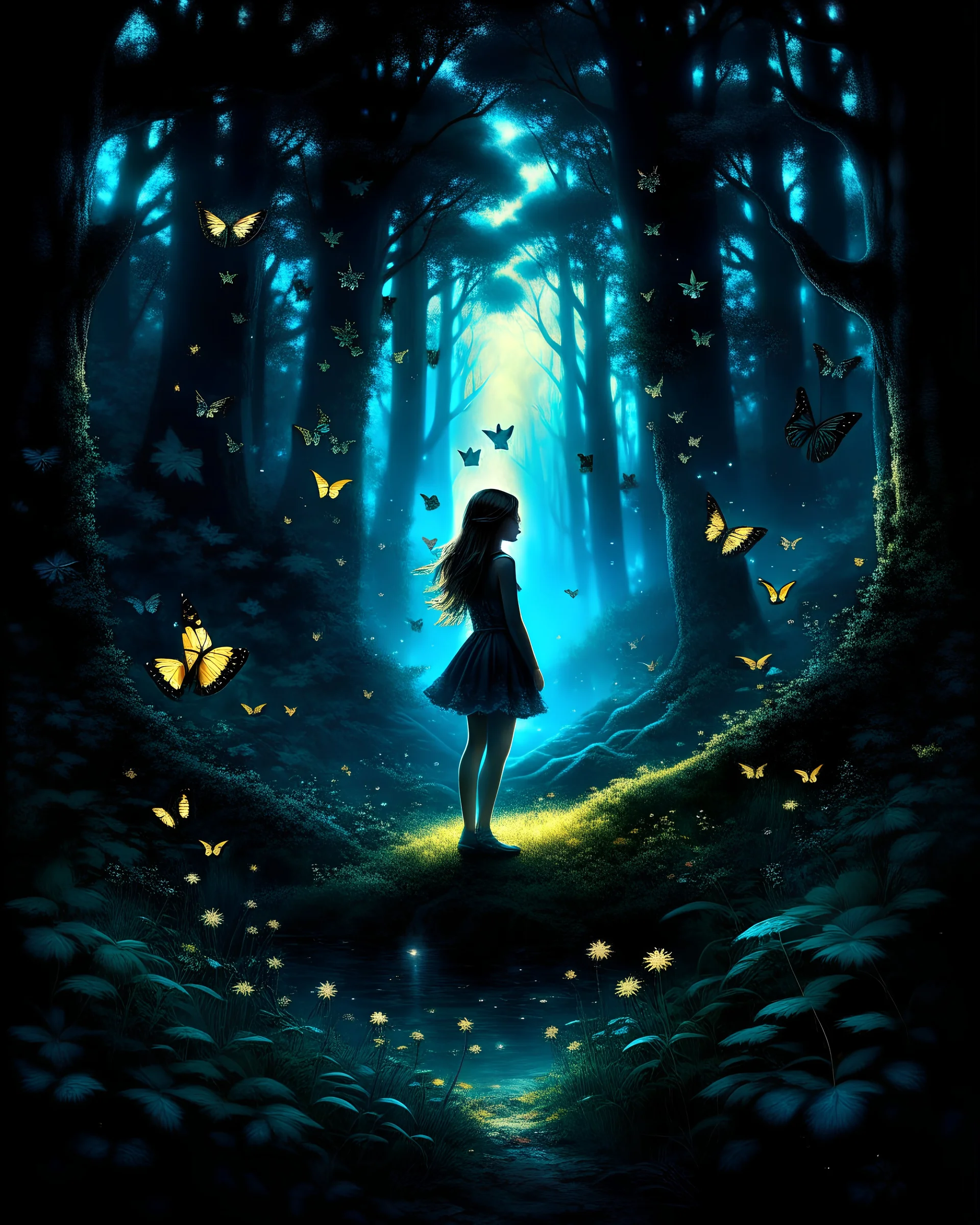 Deep in the forest, a girl's dream flies, Among the towering trees, on an enchanted dark night. His voice, a sweet melody, pierced the silent air, As the glittering butterflies dance, their wings shine brightly. A realm of fantasy unfolds, where imaginations soar, His soul was forever intertwined with the chorus of nature. Through whispered harmonies, he finds peace and quiet, As the forest and its wonders, his dreams are slowly released.