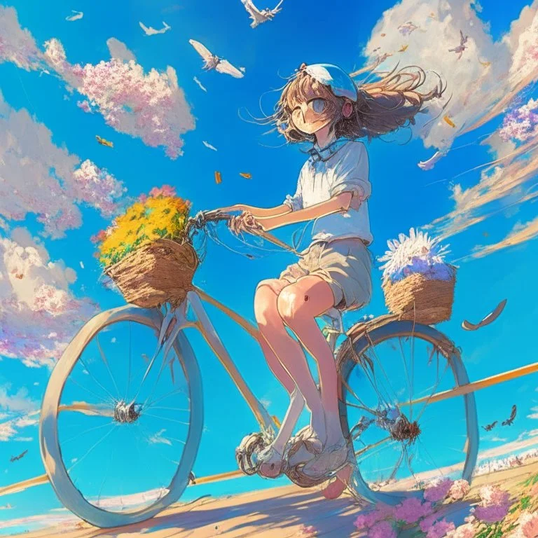 A girl is riding a bicycle on the beach. His cat is sitting in the front basket of the bicycle. Spring flowers can be seen everywhere. Beautiful blue sky with white clouds - kites in the sky. sense of peace. digital art, anime, 8k, full details, colorful, high resolution