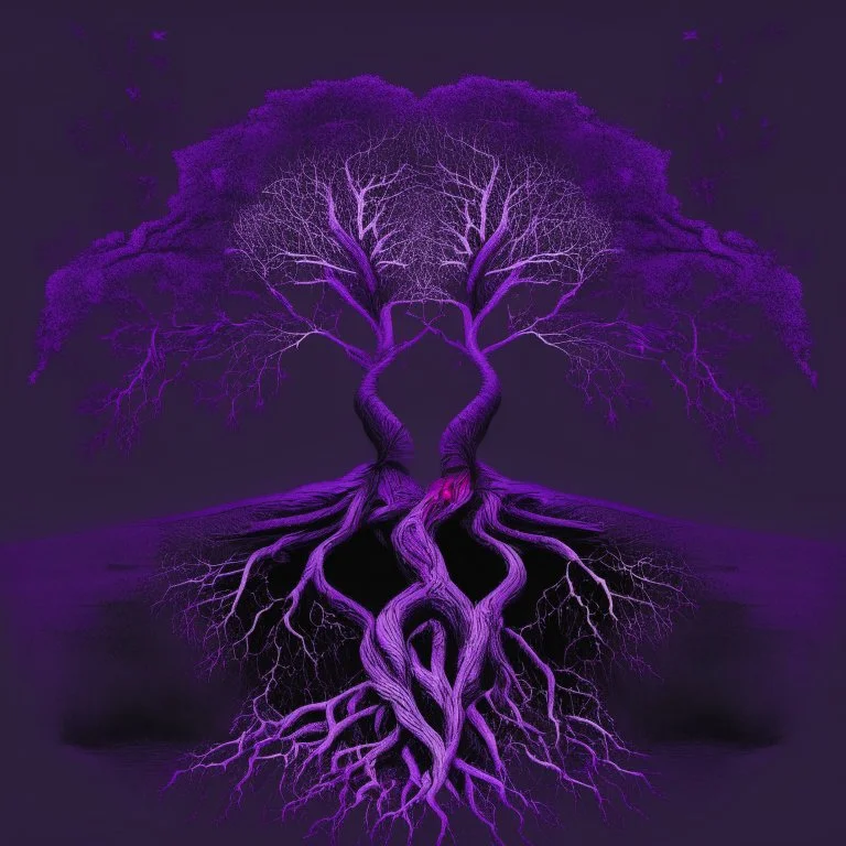 two trees with roots connected purple dark