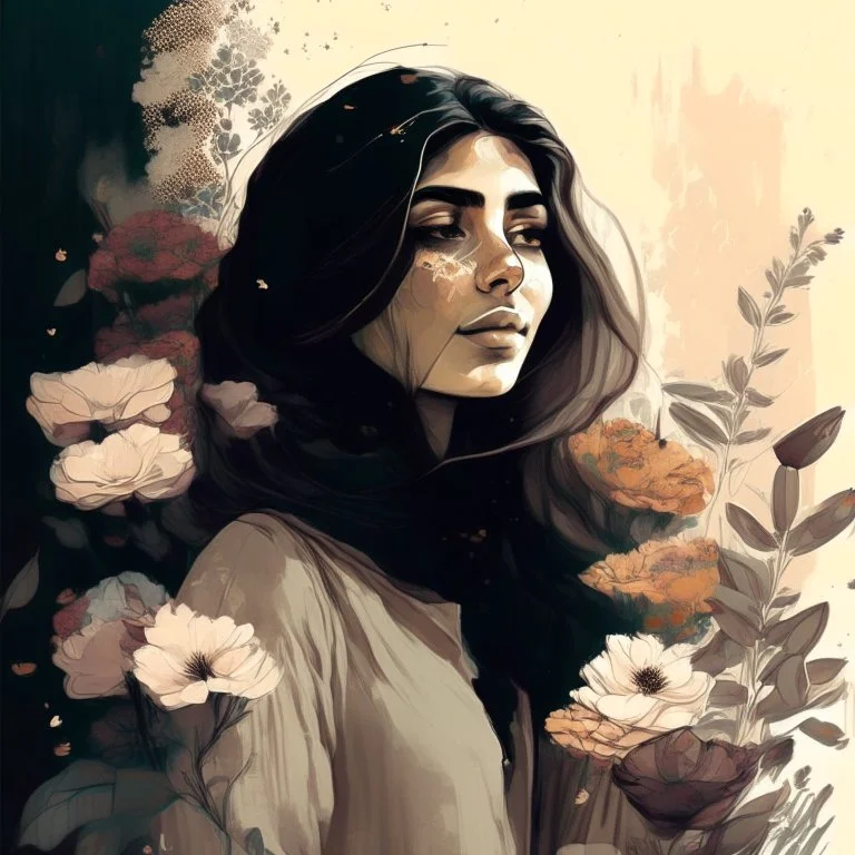 woman, life, freedom, Persian girls, hand-drawn digital art, muted tones, flowers everywhere, REALISTIC