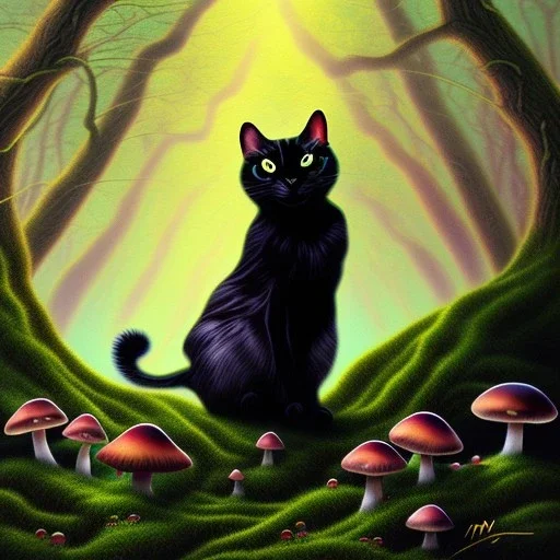 Black cat sitting, mushrooms in a psychedelic forest