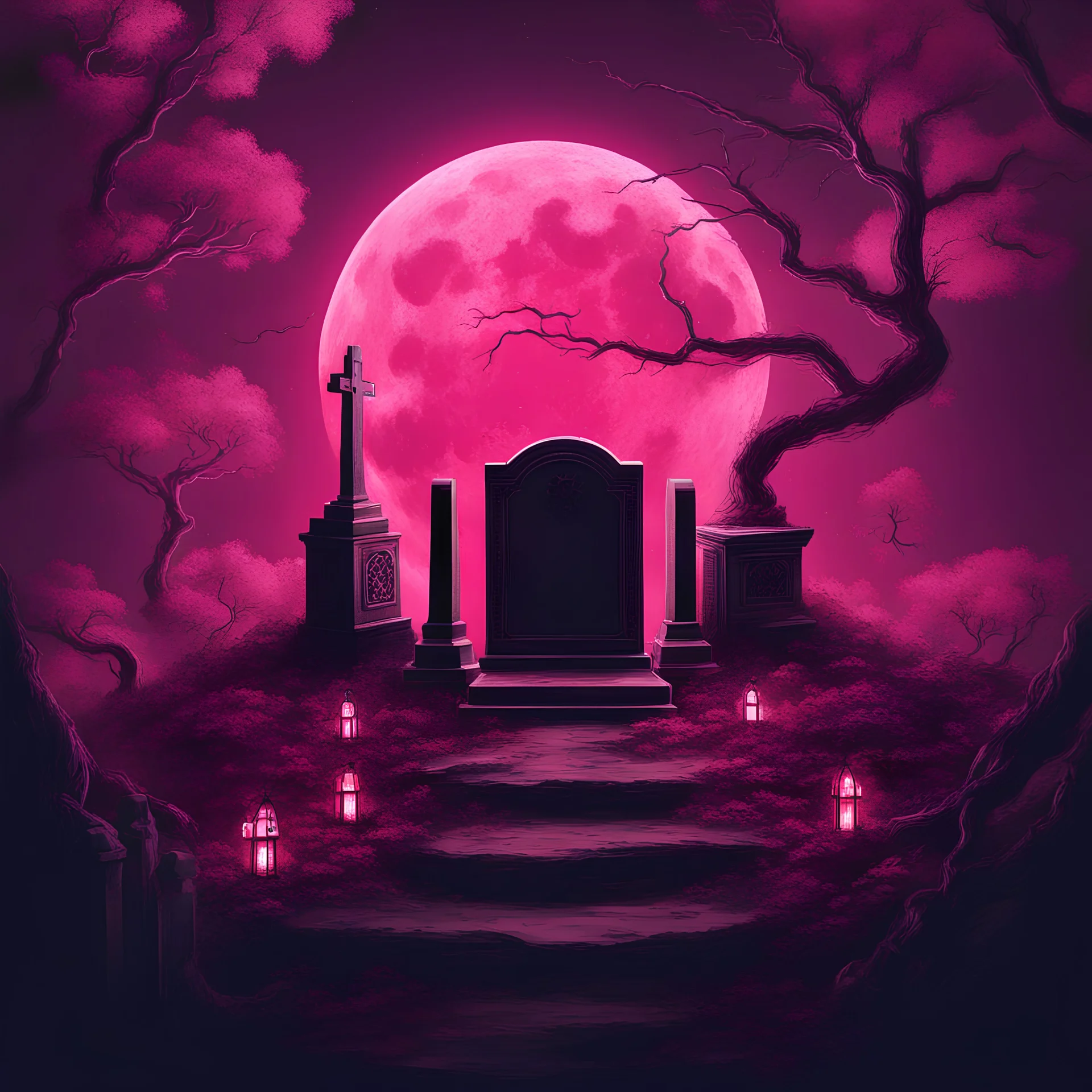 A moon in a glowing dark pink forest, lightning, a gravestone, chain