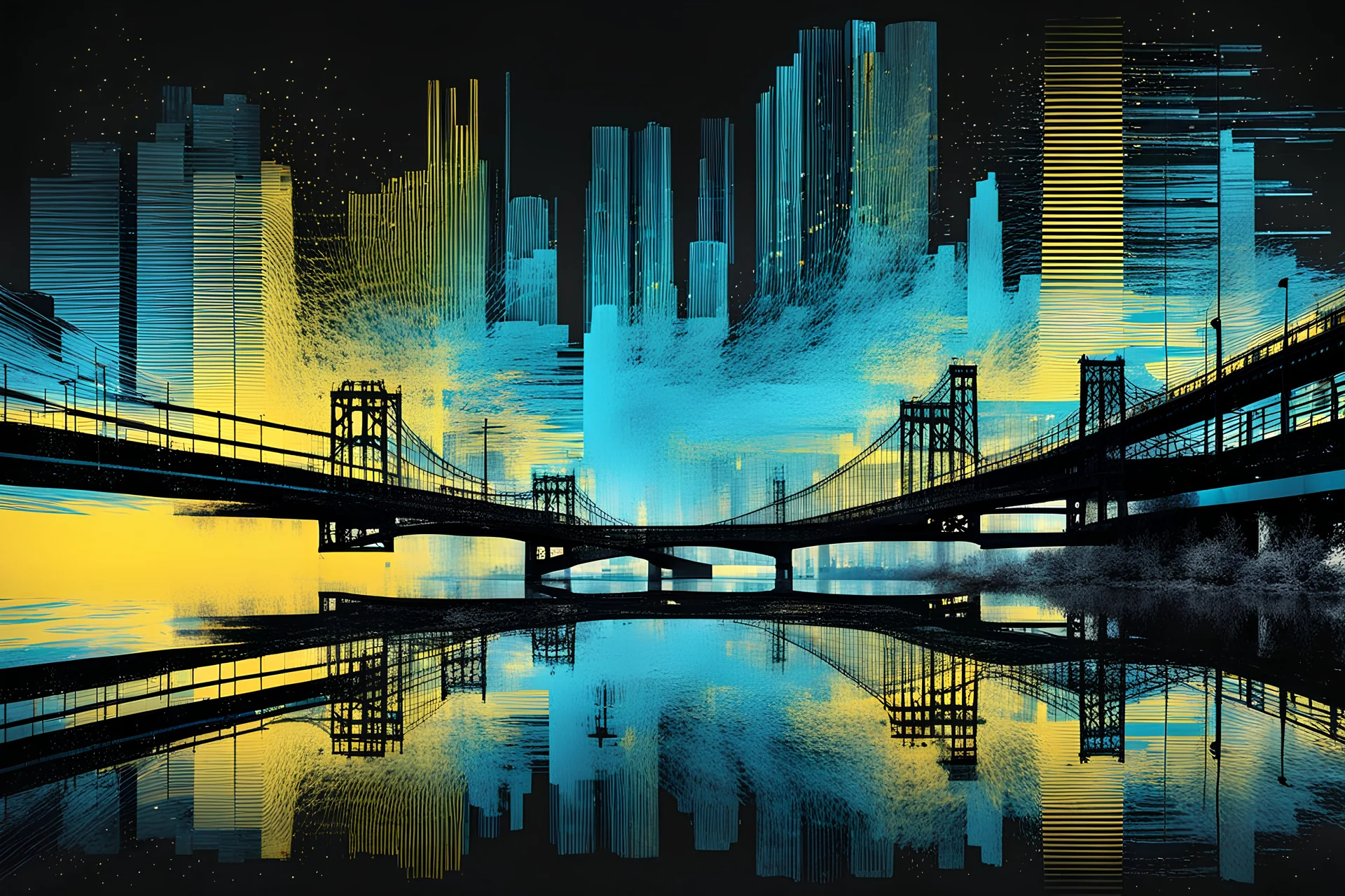 Double exposure transparent glich picture silhouette of a building, bridges, abstract patterns, glitch art with distorted shapes, optical illusion, gray-yellow and blue gradient effect, rhythmic noise particles. Grain scored texture. Black background.