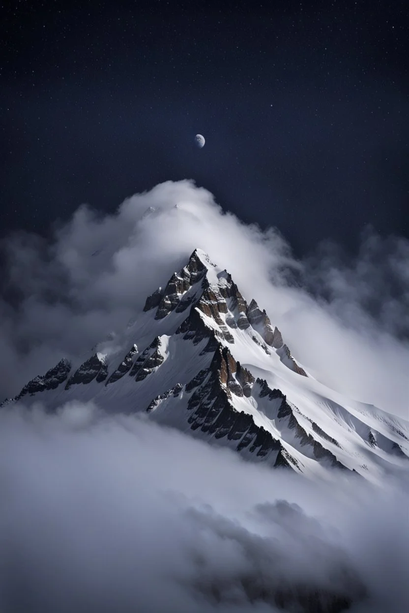 one single snowy mountain sharp face rises out of the mist into the night sky.