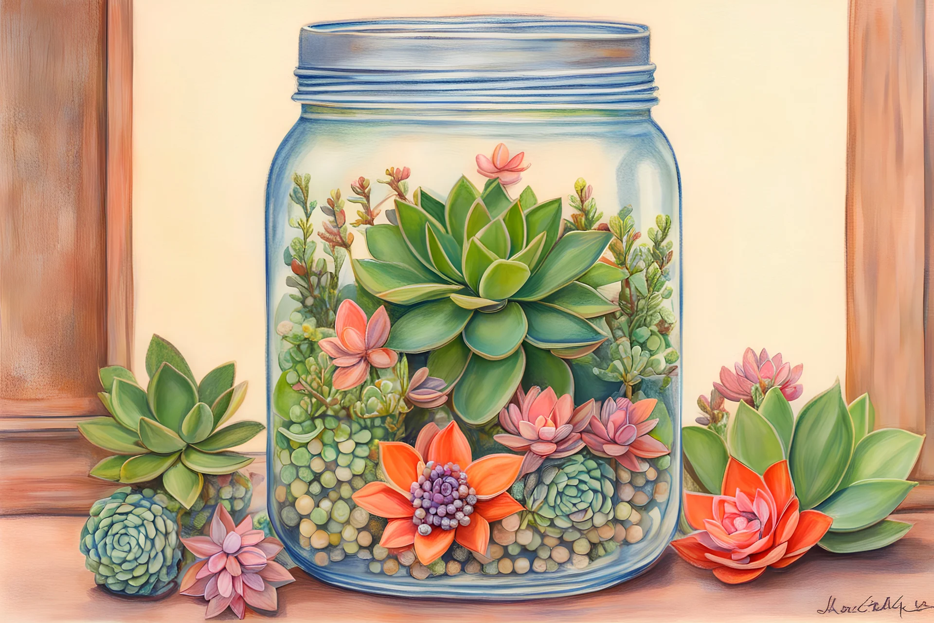 mason jar, flowering succulents, pearls, border of botanicals, colored pencil drawing