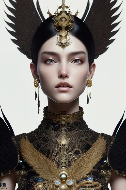 Detailed cosmic horror creature with wings, hair buns, bangs,bodysuit, intricate details, full body portrait, keep head in frame, slight smile, black Japanese motif, concept art, highly detailed, digital painting, concept art, sharp focus, illustration, art by Yoji Shinkawa, WLOP and greg rutkowski and alphonse mucha and artgerm and yanjun Chen and Junji ito and Makoto Shinkai, HDR, octane render