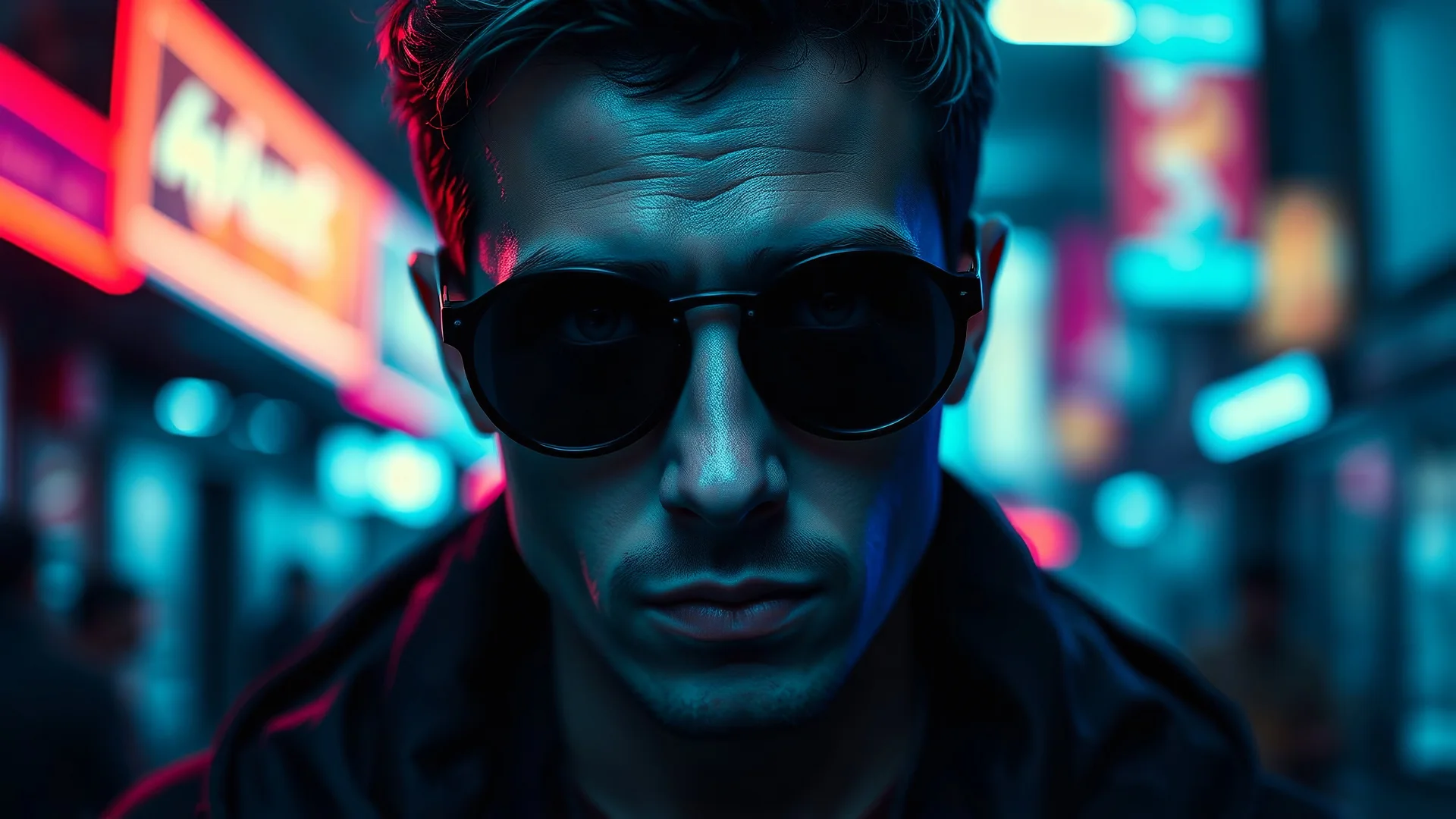 Full Body Portrait Of man with dark circular sunglasses, short hair, Big Wide Set Eyes, Cute Nose,, Unique Moody Face, At Night, Cinematic Detailed Mysterious Sharp Focus High Contrast Dramatic Volumetric Lighting :: cyberpunk, blue and red neon colors ::