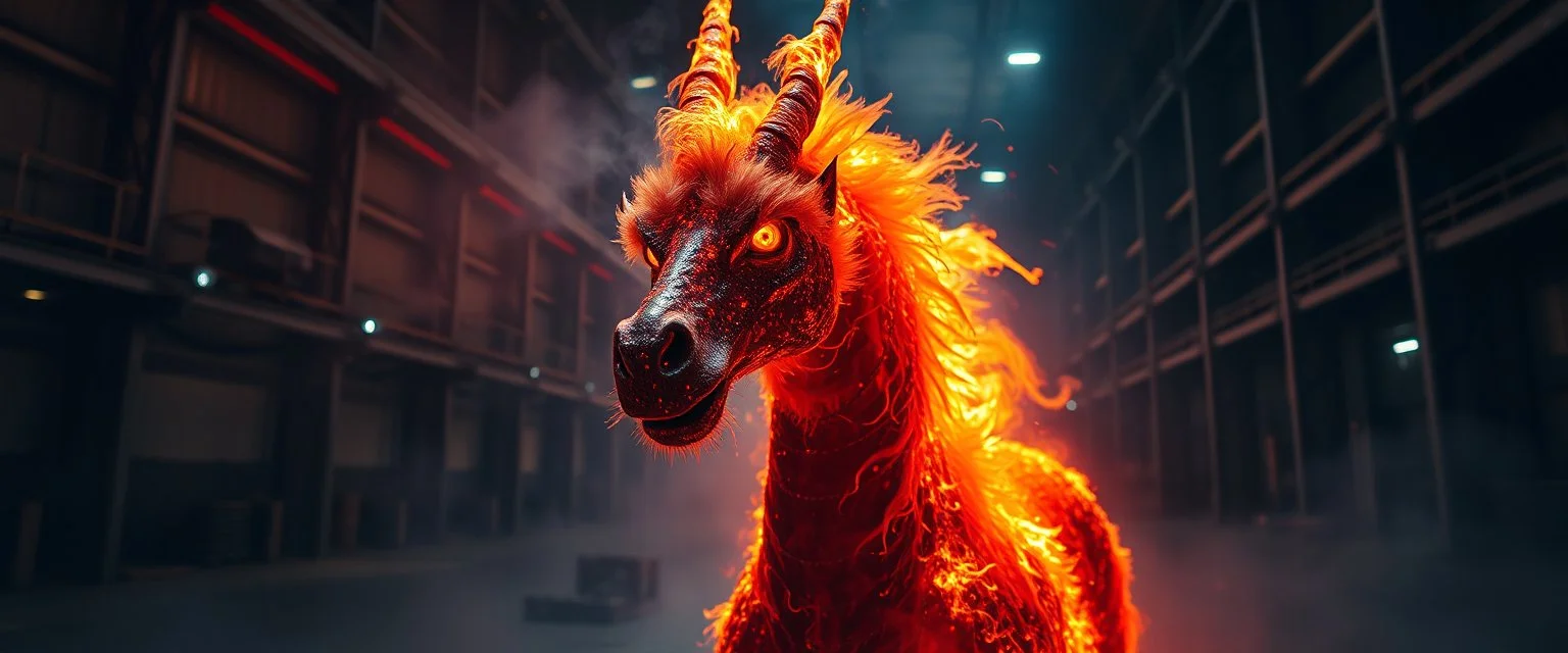 close up portrait of a plasma vampire flickers like hypnotic fire in geometric shapes like a dna swirl of time and a fearsome fluffy dragon horse in A cavernous industrial warehouse becomes a fever-dream carnival of fire and smoke, lit exclusively by erratic strobes and the orange glow of unpredictable blazes. The world is drenched in soot, haze, and manic energy — walls drip with condensation, fire extinguishers become absurd props, and every surface reflects the flicker of flames being born an