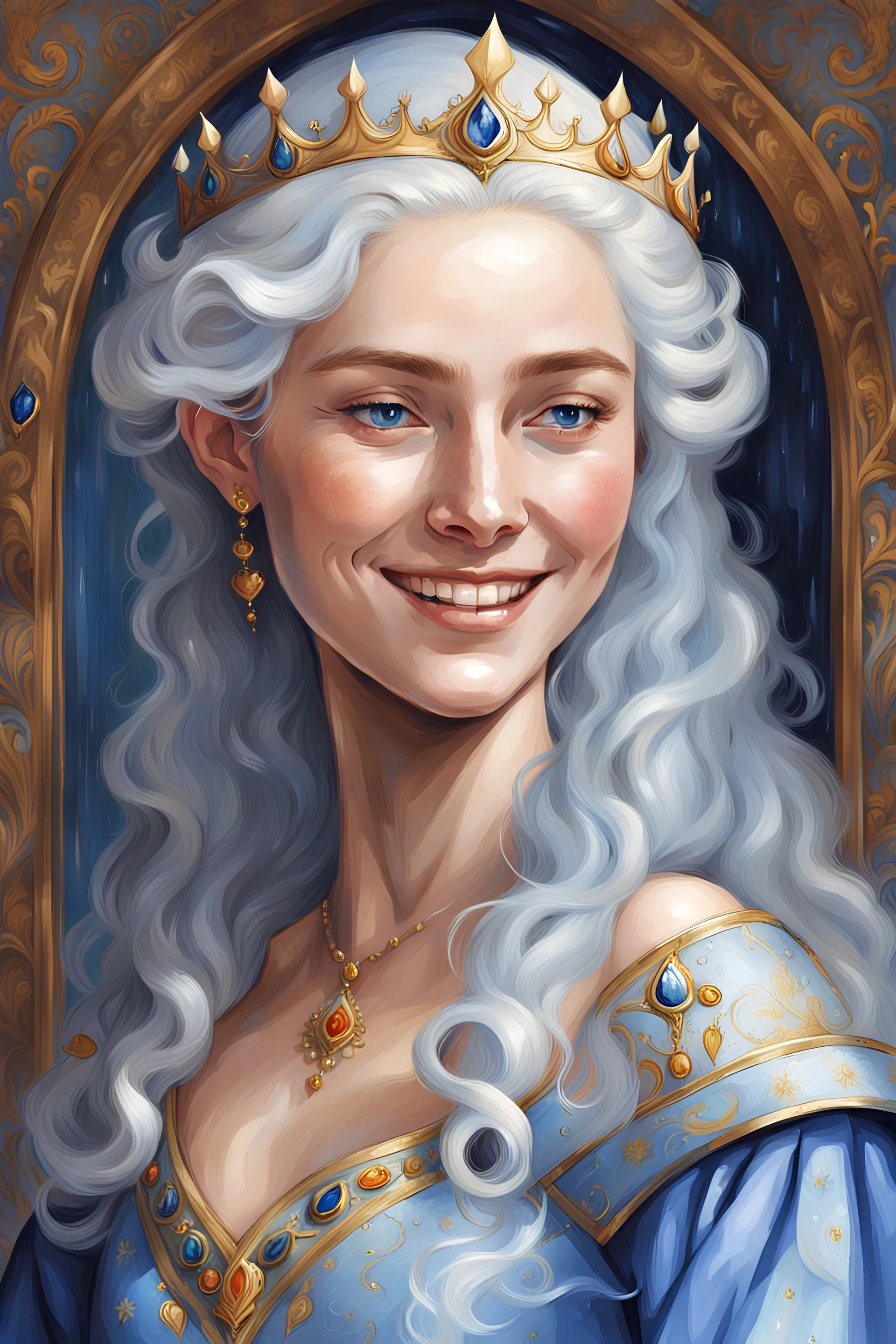 peinture, Maegelle Targaryen, 16 ans, souriante . incarne le charme des Targaryen avec ses mèches dorées chatoyantes, ses yeux saphir saisissants et son visage doux en forme de cœur. Sa silhouette élancée, ornée de traits délicats, accentue son élégance royale, tandis que ses mouvements gracieux reflètent l'innocence et la curiosité de la jeunesse. Elle porte des robes fluides bleu pâle et bleu sarcelle, ajoutant à son charme intemporel.