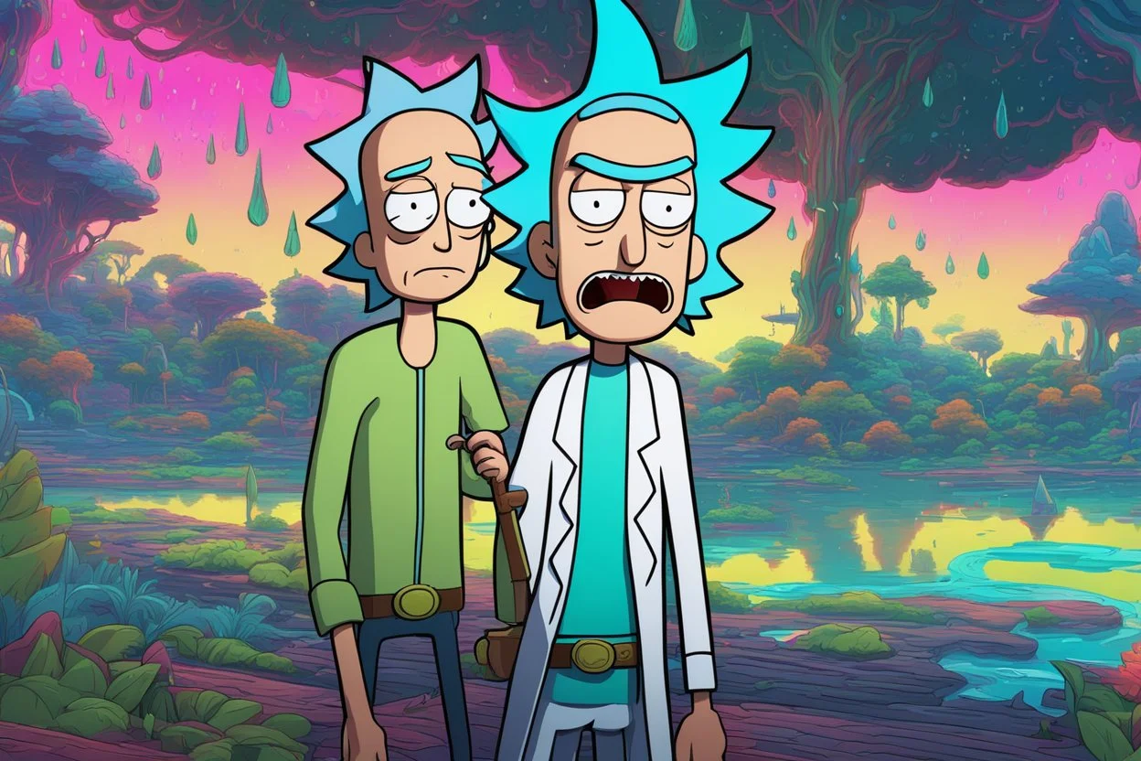 Rick in 8k cartoon artstyle, neon effect, Rick and morty them, close picture, rain, fantasy world, intricate details, highly detailed, high details, detailed portrait, masterpiece,ultra detailed, ultra quality