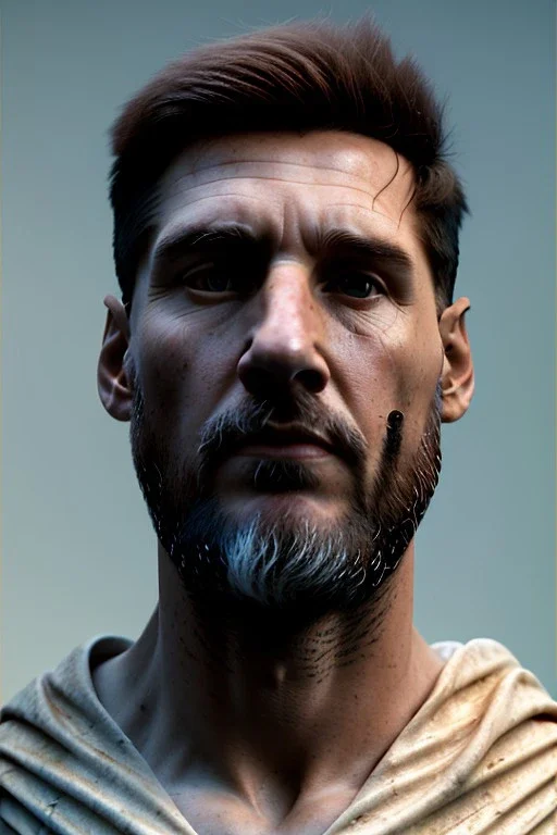 Ultra Realistic image, Roman sculpture, white marble material, Lionel Messi, gold crown of natural thorns, god crown, Renaissance style, sun rays background, waist up portrait, epic, celestial, cinematic lighting, God lights, 4k resolution, smooth details, soft lighting, unreal engine 5, art station, substance 3d.