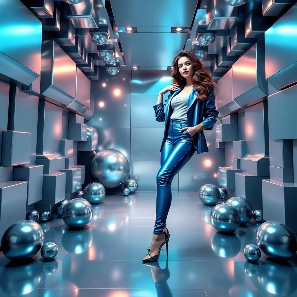 make a picture pretty stage made of metallic cyan-gray teme 3d fractal recursive cubic and sphere base structures and a beautiful fashion model lady posing with cute,with blue teme Chic style pants with a tight shirt and jacket,high heels ,makeup curvy long hair,dynamic camera zoom to full body and pan, dynamic lights.