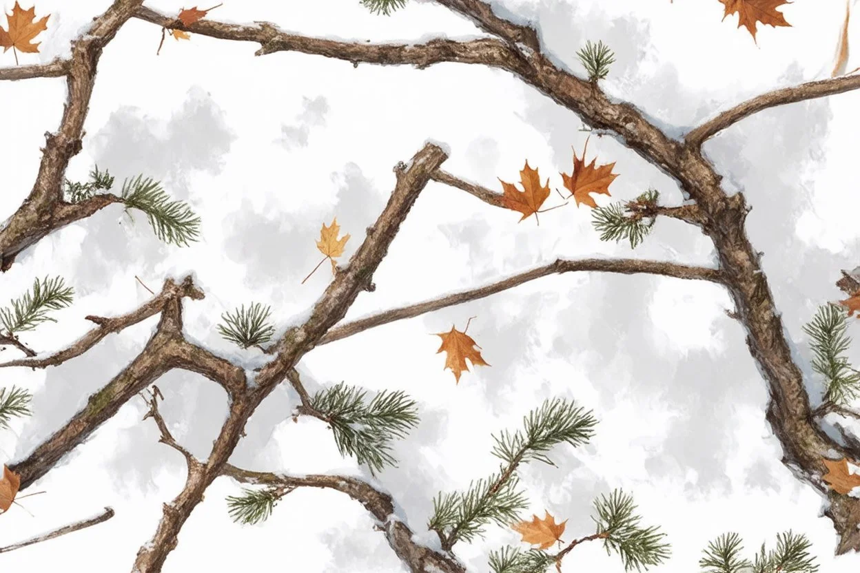 detailed Real Tree Camouflage made of bare branches, fir branches, dried maple leaves, snow and dirt, light drop shadows, white background, seamless repeatable texture camo pattern, muted color