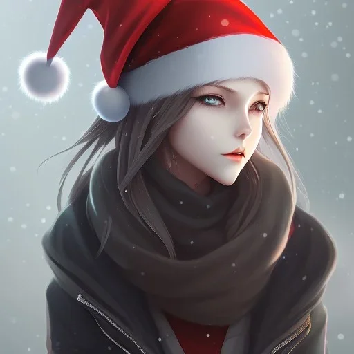 girl, Christmas hat on head, looking forward, anime art, cold weather, gray furry clothes,anime key visual of elegant young female